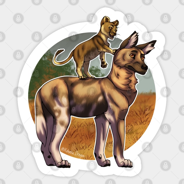 Lion and African Wild Dog Friends Sticker by SakuraDragon